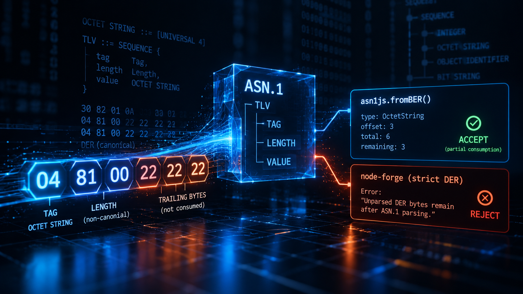 ASN.1 BER/DER parsing differential analysis showing partial buffer consumption in ASN1.js and strict DER rejection in node-forge